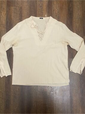 COOFANDY Women’s Beige Solid V-Neck Lace-Up Tie Long Sleeve Blouse L